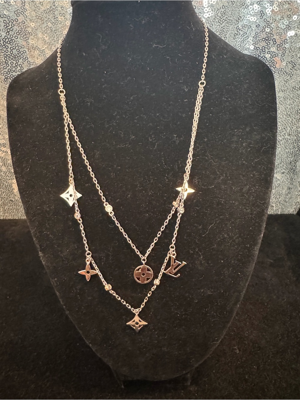 Louis Vuitton Silver Gold-Tone Layered Monogram Necklace